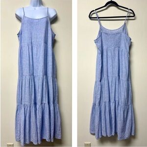 BEACH LUNCH LOUNGE Blue & White Pinstriped Linen Blend Tiered Midi Dress, Sz XXL